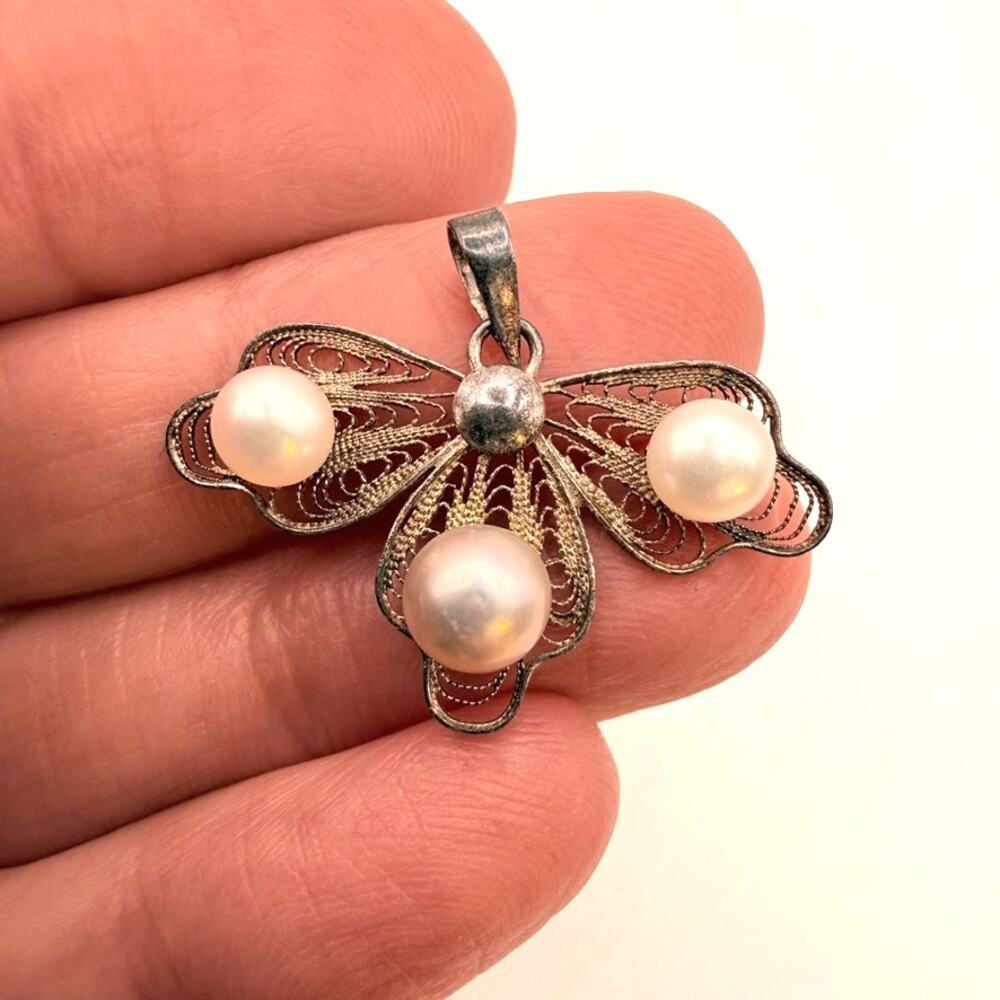 Vintage 925 Sterling Silver Filigree Leaf Pearls Pendant Dainty Delicate